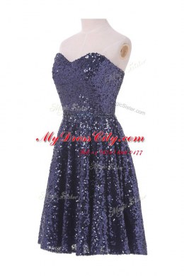 Sweetheart Sleeveless Prom Dress Knee Length Sequins Navy Blue Sequined