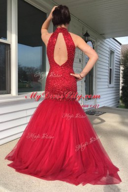 Mermaid Sleeveless Floor Length Sequins Zipper Prom Dresses with Red
