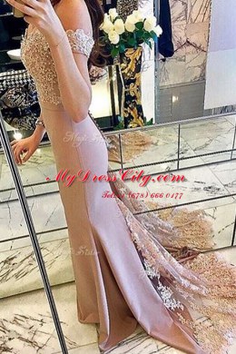 Noble Mermaid Pink Zipper Off The Shoulder Beading and Lace and Appliques Dress for Prom Elastic Woven Satin Short Sleeves Sweep Train