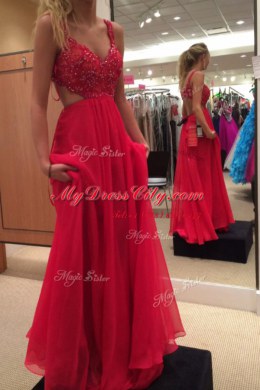 Charming Red V-neck Backless Beading Evening Dress Sleeveless