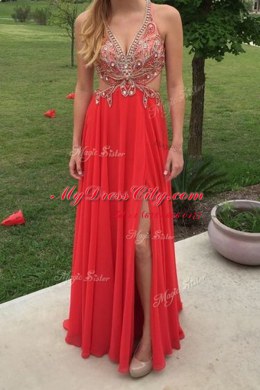 Sleeveless Chiffon Floor Length Backless Prom Gown in Red with Beading