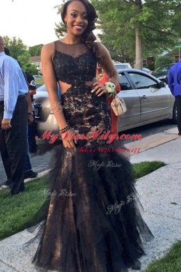 Shining Mermaid Scoop Sleeveless Beading and Lace Backless Prom Gown