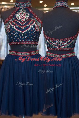 Most Popular Navy Blue Sleeveless Knee Length Embroidery Zipper Prom Dresses