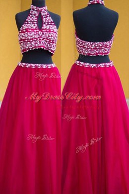 Fitting Halter Top Floor Length A-line Sleeveless Fuchsia Prom Gown Backless