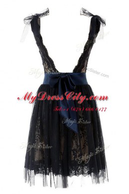 Scoop Knee Length A-line Sleeveless Black Prom Gown Backless