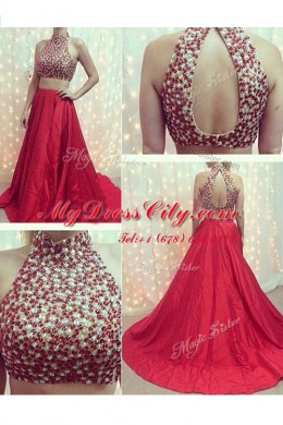 Sleeveless Elastic Woven Satin With Train Court Train Backless Prom Dress in Red with Beading