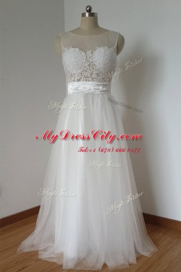 White A-line Scoop Sleeveless Tulle Floor Length Zipper Lace Prom Evening Gown