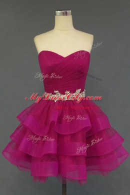 Super Fuchsia Sleeveless Knee Length Beading and Ruffled Layers Lace Up Prom Dresses