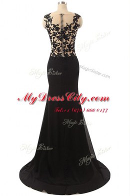 Captivating Mermaid Chiffon Scoop Sleeveless Zipper Lace Prom Evening Gown in Black