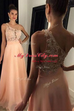 Glamorous One Shoulder Peach Sleeveless Sweep Train Beading and Lace Homecoming Dress