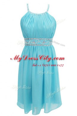 High Class Halter Top Aqua Blue Criss Cross Homecoming Dress Beading Sleeveless Knee Length