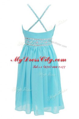 High Class Halter Top Aqua Blue Criss Cross Homecoming Dress Beading Sleeveless Knee Length