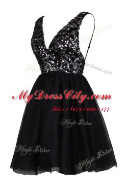 Sleeveless Tulle Knee Length Backless in Black with Sequins