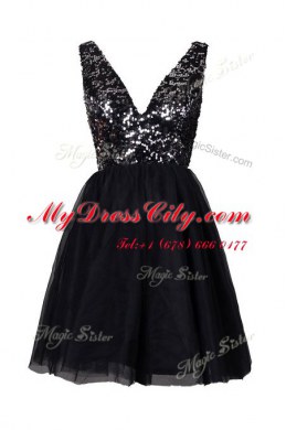 Sleeveless Tulle Knee Length Backless in Black with Sequins