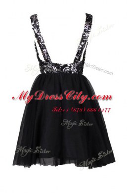 Sleeveless Tulle Knee Length Backless in Black with Sequins