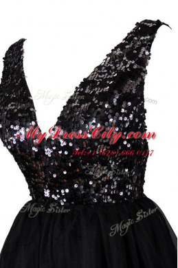 Sleeveless Tulle Knee Length Backless in Black with Sequins