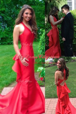 Stunning Mermaid Red Zipper V-neck Ruffles Prom Party Dress Satin Sleeveless Court Train