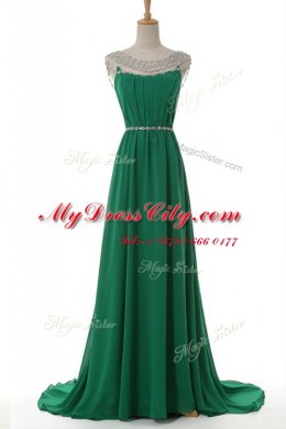 Green Elastic Woven Satin Side Zipper Scoop Sleeveless With Train Dress for Prom Sweep Train Belt