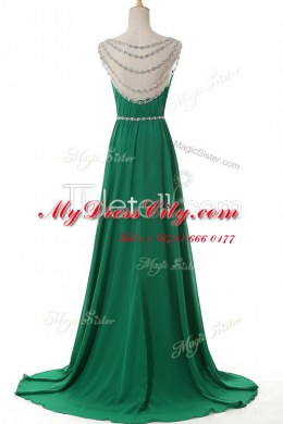 Green Elastic Woven Satin Side Zipper Scoop Sleeveless With Train Dress for Prom Sweep Train Belt