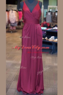 Floor Length Burgundy Prom Gown Elastic Woven Satin Sleeveless Ruching and Pleated