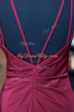 Floor Length Burgundy Prom Gown Elastic Woven Satin Sleeveless Ruching and Pleated