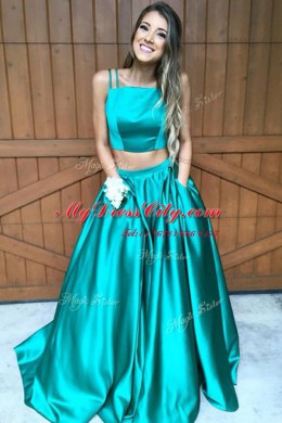 Glorious Green A-line Spaghetti Straps Sleeveless Satin Sweep Train Zipper Ruching Evening Dress