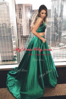 Glorious Green A-line Spaghetti Straps Sleeveless Satin Sweep Train Zipper Ruching Evening Dress