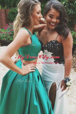 Glorious Green A-line Spaghetti Straps Sleeveless Satin Sweep Train Zipper Ruching Evening Dress