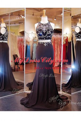 Scoop Black Sleeveless Elastic Woven Satin Brush Train Zipper Prom Party Dress for Prom and Party
