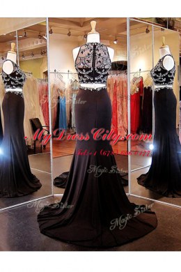 Scoop Black Sleeveless Elastic Woven Satin Brush Train Zipper Prom Party Dress for Prom and Party