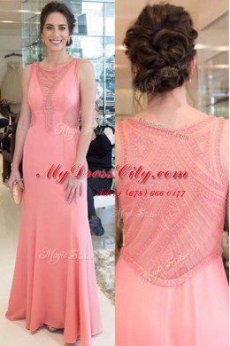 Mermaid Scoop Elastic Woven Satin Sleeveless Floor Length Homecoming Dress and Beading