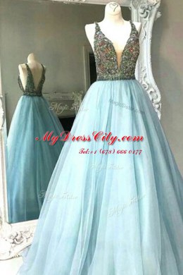 Beading Evening Dress Light Blue Backless Sleeveless Floor Length