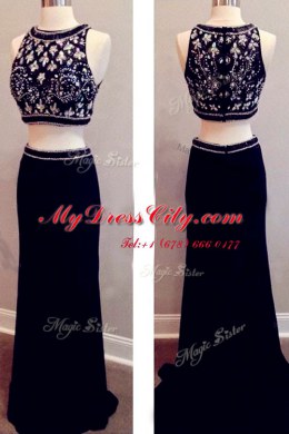 Scoop Sleeveless Prom Dresses With Brush Train Beading Black Elastic Woven Satin