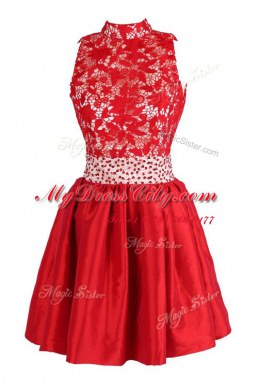 Glorious Red Satin Criss Cross Party Dresses Sleeveless Knee Length Beading and Lace