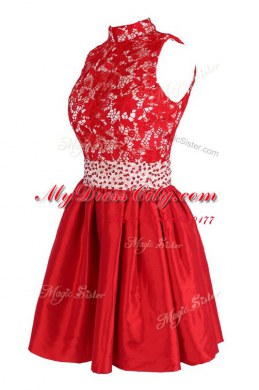Glorious Red Satin Criss Cross Party Dresses Sleeveless Knee Length Beading and Lace