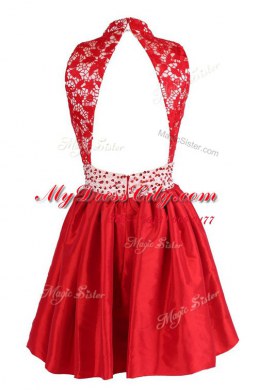 Glorious Red Satin Criss Cross Party Dresses Sleeveless Knee Length Beading and Lace