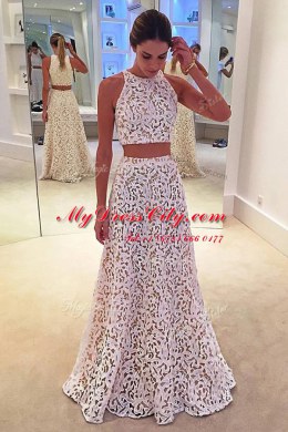 White Scoop Zipper Lace Prom Gown Sleeveless