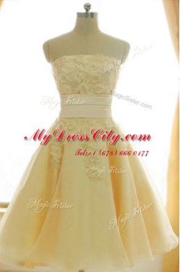 Sleeveless Knee Length Appliques and Hand Made Flower Zipper Cocktail Dress with Yellow