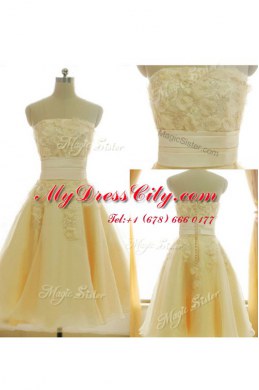 Sleeveless Knee Length Appliques and Hand Made Flower Zipper Cocktail Dress with Yellow