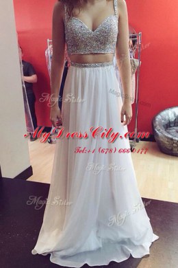 White Elastic Woven Satin Zipper Prom Gown Sleeveless Floor Length Beading and Ruching