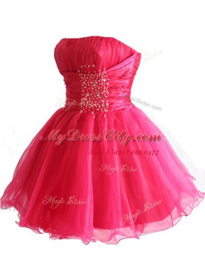 Fancy Sequins Strapless Sleeveless Lace Up Prom Dresses Hot Pink Organza