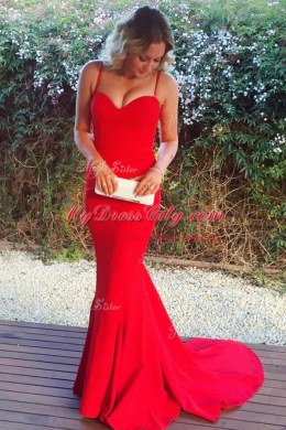 Comfortable Mermaid Sleeveless With Train Ruching Zipper Prom Gown with Red Sweep Train