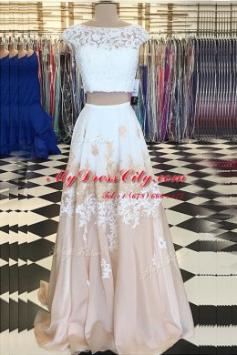 Floor Length Backless Prom Gown Champagne for Prom with Beading and Lace