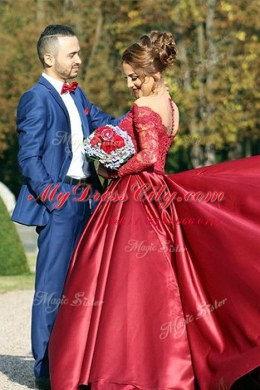 Chic Off the Shoulder Long Sleeves With Train Appliques Zipper Prom Party Dress with Burgundy Sweep Train