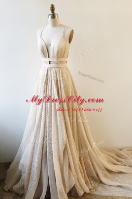 High Quality Lace With Train Champagne Prom Dresses V-neck Sleeveless Court Train Backless