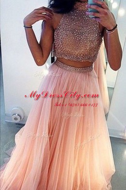 Peach Tulle Side Zipper Prom Evening Gown Sleeveless With Train Sweep Train Beading