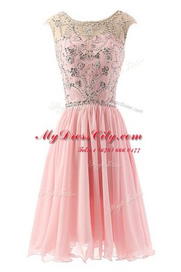 Elegant Scoop Tea Length Pink Prom Party Dress Chiffon Sleeveless Beading