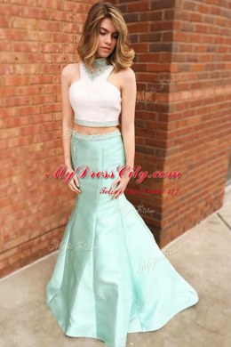 Noble Mermaid Apple Green Satin Zipper Halter Top Sleeveless Floor Length Homecoming Dress Beading and Lace