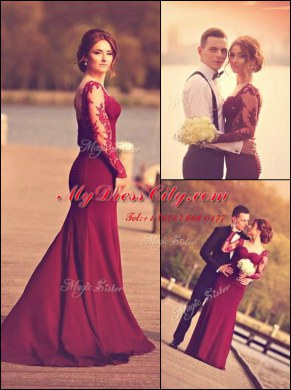 Sophisticated Burgundy Long Sleeves Court Train Lace and Appliques With Train Prom Evening Gown