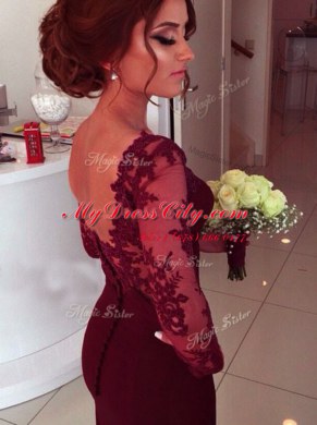 Sophisticated Burgundy Long Sleeves Court Train Lace and Appliques With Train Prom Evening Gown